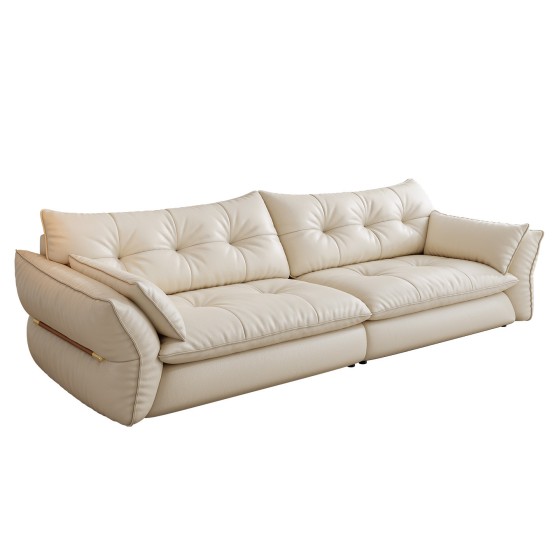 Dora Genuine Leather French Retro Cream Style Straight Row Cloud Sofa, Vintage Design For Small Living Room Apartment