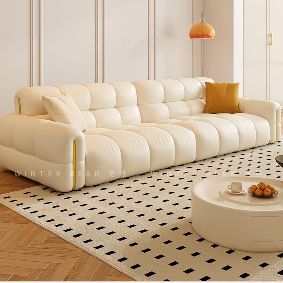 JiYu French Light Luxury Chocolate Brown Piano Key Straight Row Puffy Genuine Leather Sofa, Cream Style For Small Living Room Apartment
