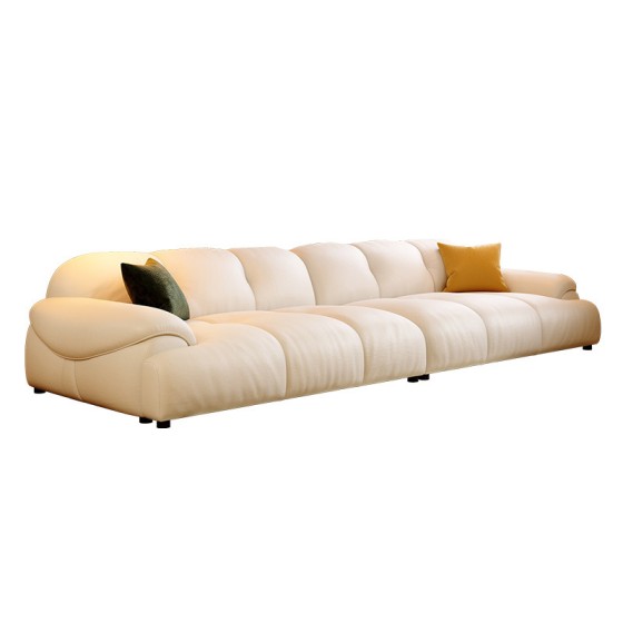 French Retro Cream Puff Genuine Leather Straight Sofa, Modern Minimalist Household Couch for Small Living Room