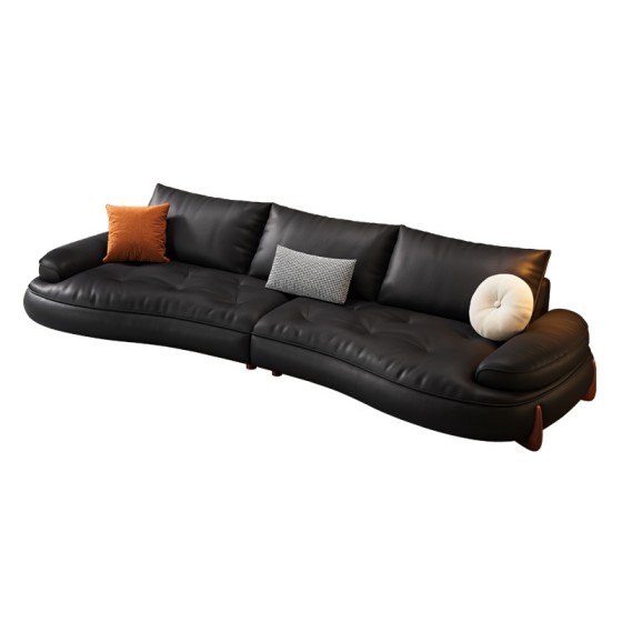 Vintage Modern Light Luxury Black Piano Key Curved Genuine Leather Sofa With Extra Deep Seat, Couch For Small Living Room