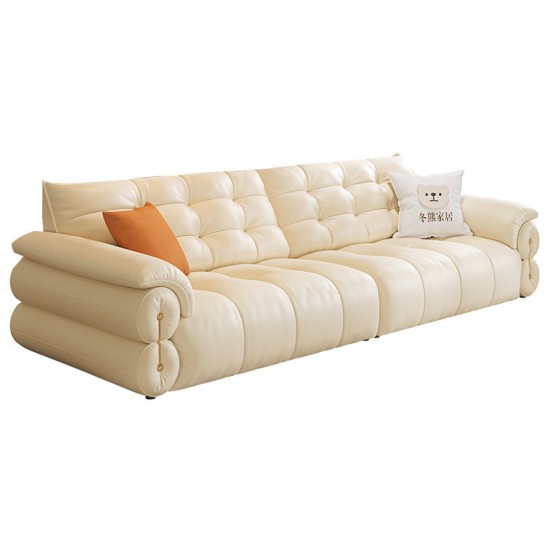 French Cream Marshmallow Cloud Puffy Upholstered Straight Sofa, Light Luxury Top Grain Genuine Leather Couch for Small Living Room