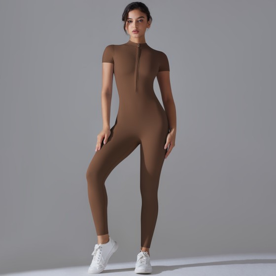 Women's European & American Nude Feel Zip Short Sleeve One-Piece Yoga Jumpsuit, Quick Dry Breathable Tight Bodysuit for Outdoor Sports Fitness Workout