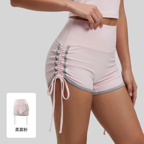 New Drawstring Sports Shorts for Women, Color Contrast High Waist Peach Hip Tight Shorts for Running, Training & Yoga