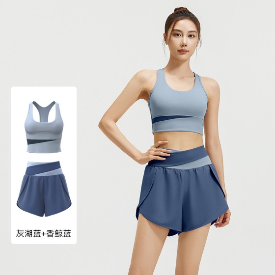 Women's Color Block Fake Two-Piece Naked Feel Yoga Outfit Set Anti-Exposure for Fitness & Sports