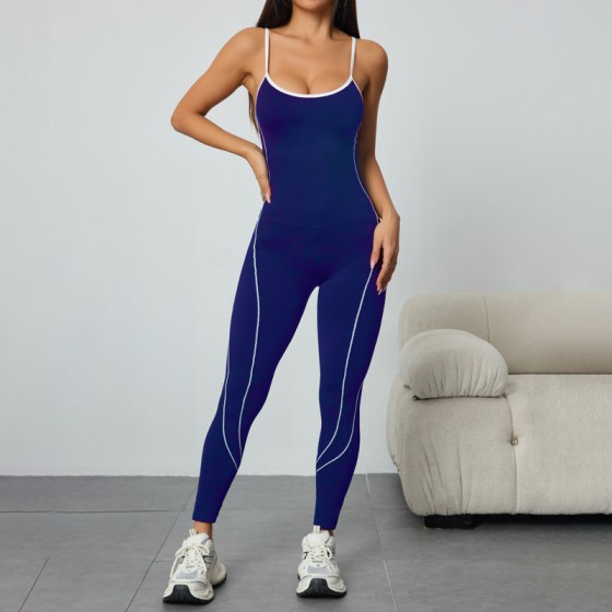 Women's Color Block Cami Jumpsuit Yoga Outfit, High Waist Peach Butt One Piece Workout Leggings for Pilates & Fitness