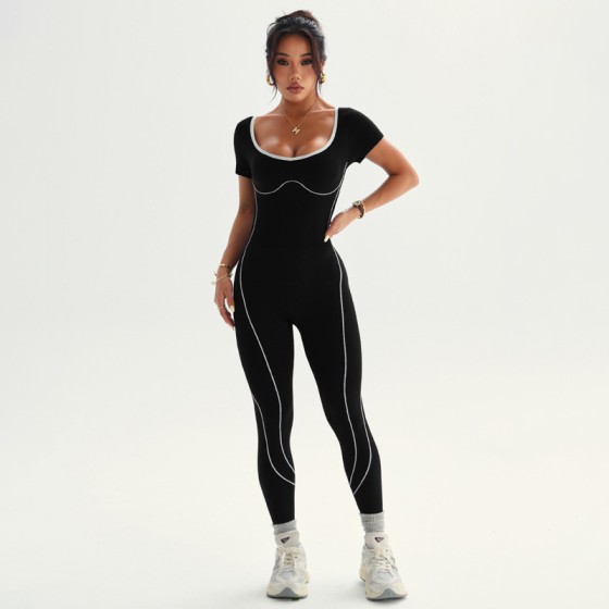 Women's Color Block Short Sleeve One-Piece Yoga Jumpsuit, Butt Lifting High Waist Tight Workout Leggings, Integrated Sports Fitness Outfit for Outdoor & Daily Wear
