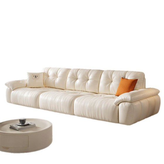 Pumpkin Cloud Puffy Genuine Leather Sofa, Modern Minimalist Cream Style Top Grain Cowhide Sofa For Small Living Room Apartment