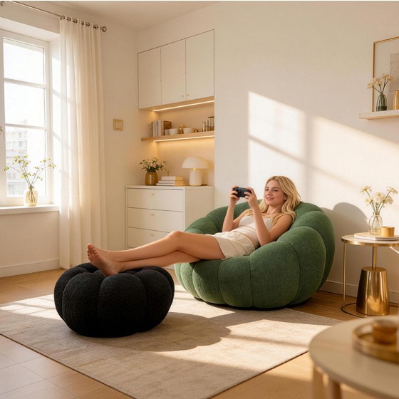 Pumpkin Vacuum Compressed Sofa, Petal Shaped Fixed Cotton Lazy Bean Chair, Single Seat Small Space Couch For Living Room Bedroom